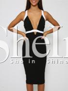 Shein Black Sleeveless Deep V Neck Slim Fishtail Dress