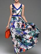 Shein Multicolor V Neck Sleeveless Backless Print Dress