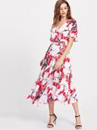 Shein Flower Print Flutter Sleeve Surplice Wrap Dress