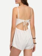 Shein Pom Pom Trimmed Cutout Cami Romper - White