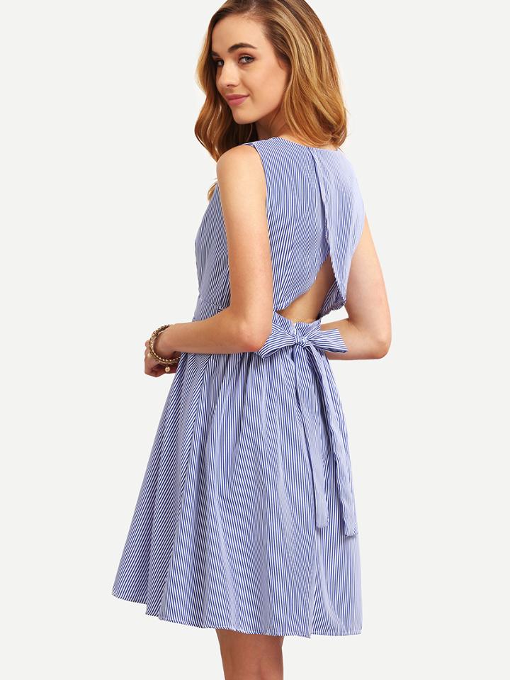 Shein Blue Vertical Striped Self Tie Slit Back Dress