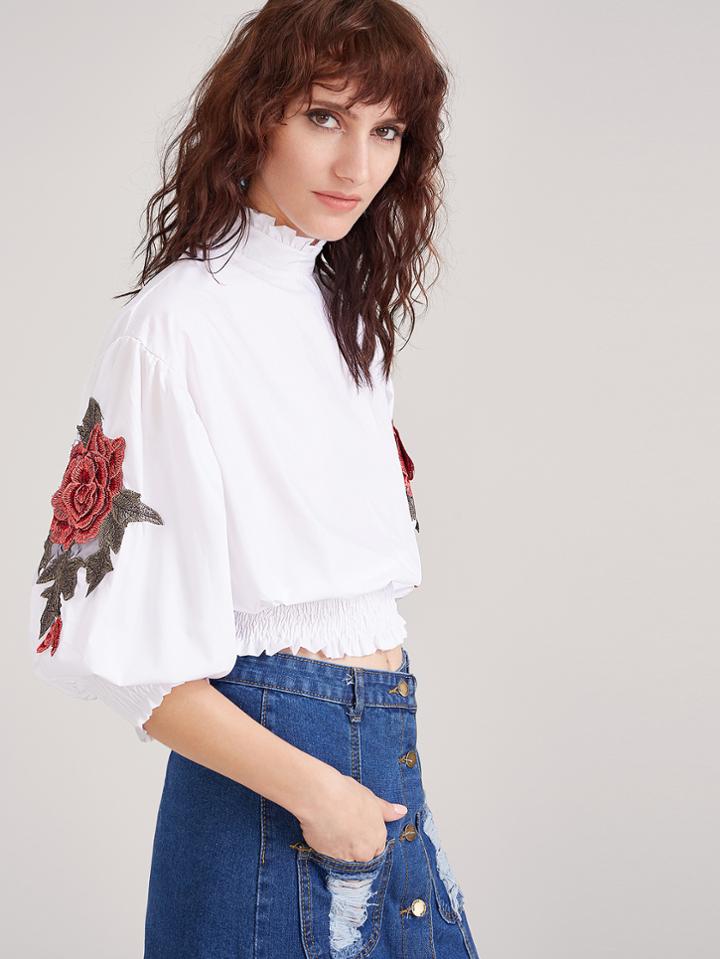 Shein White Flower Embroidered Lantern Sleeve Shirred Hem Blouse