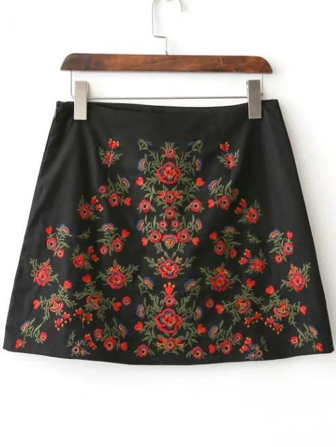 Shein Black Floral Embroidery Side Zipper Skirt