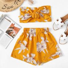 Shein Floral Print Random Bow Tie Crop Bandeau Top With Shorts