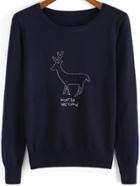 Shein Navy Round Neck Deer Embroidered Knit Sweater