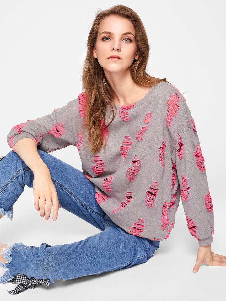 Shein Rips Detail Heather Knit Pullover