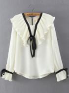 Shein Beige Pleated Dip Hem Chiffon Blouse With Bow Tie