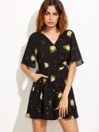 Shein Black Flower Print V Neck Wrap Front Romper