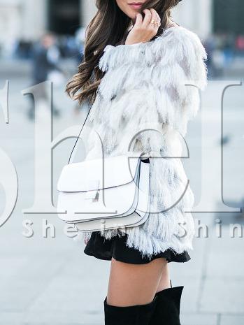 Shein Beige Boat Neck Faux Fur Blouse