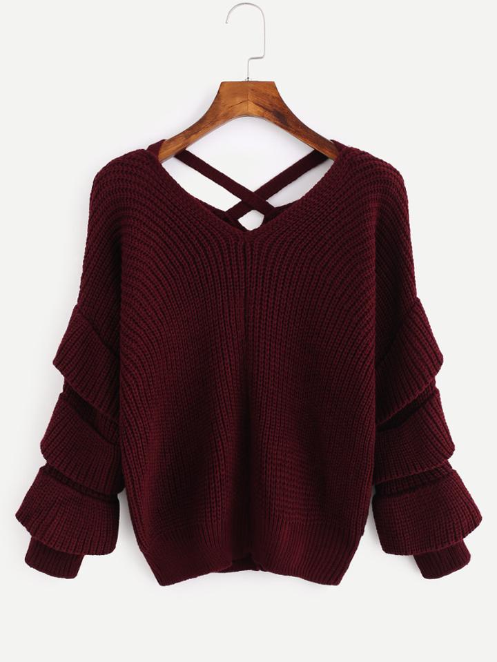 Shein V Neckline Tiered Sleeve Criss Cross Sweater