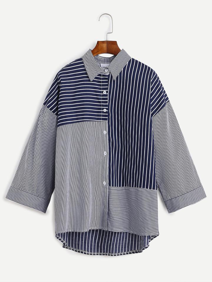 Shein Navy Striped Drop Shoulder Dip Hem Shirt