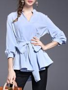 Shein Blue V Neck Bowknot High Low Blouse