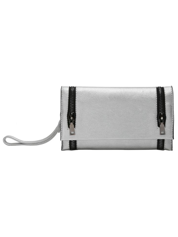 Shein Silver Decorative Zipper Adjustable Strap Clutch Bag