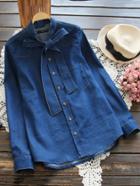 Shein Bow Tie Neck Tobacco Stitch Denim Blouse