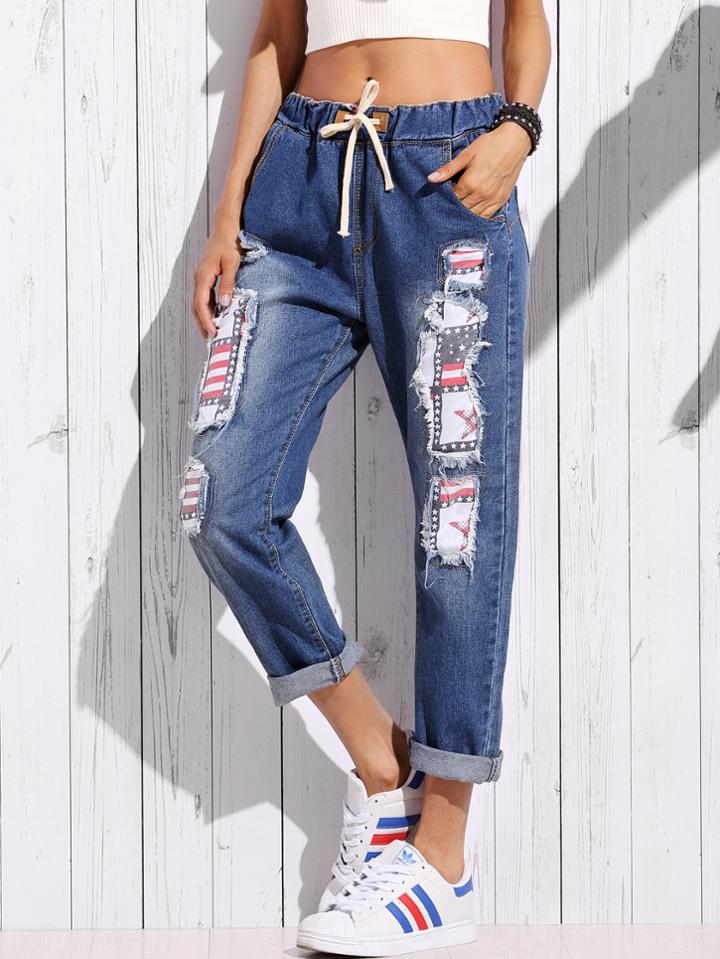 Shein Blue Stars And Stripes Lined Distressed Jeans