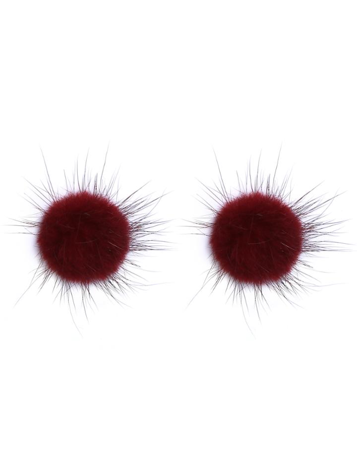 Shein Burgundy Fluffy Pom Pom Stud Earrings