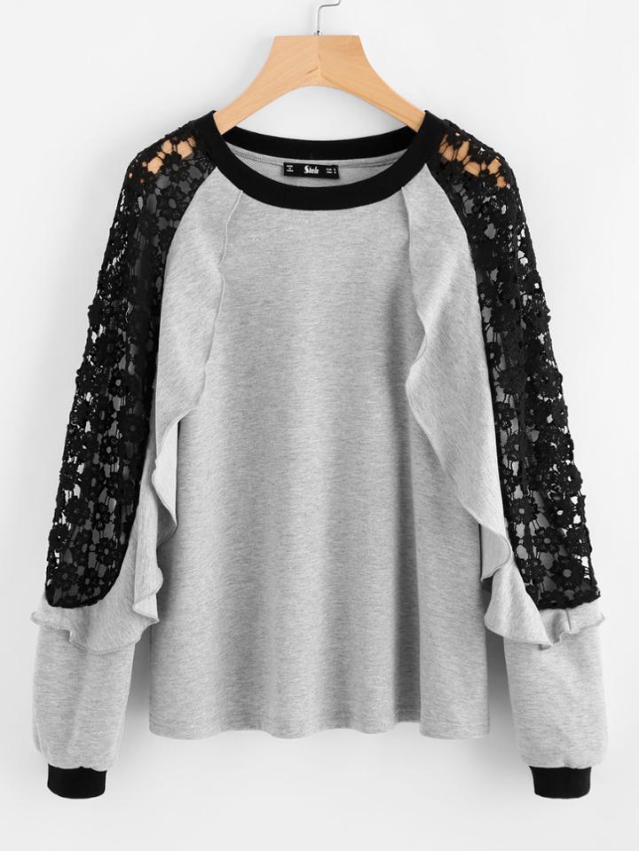 Shein Flounce Trim Contrast Lace Shoulder Pullover
