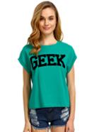 Shein Green Short Sleeve Geek Print Crop T-shirt