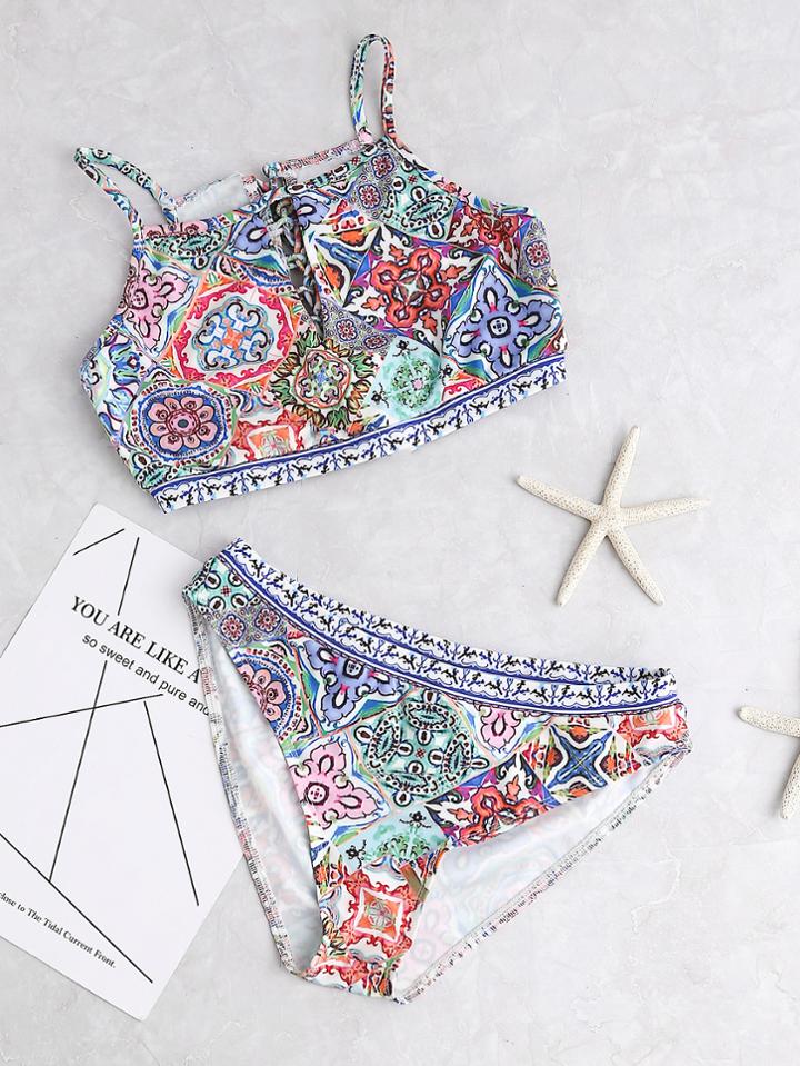 Shein Vintage Print V Cut Lace Up Bikini Set