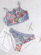Shein Vintage Print V Cut Lace Up Bikini Set
