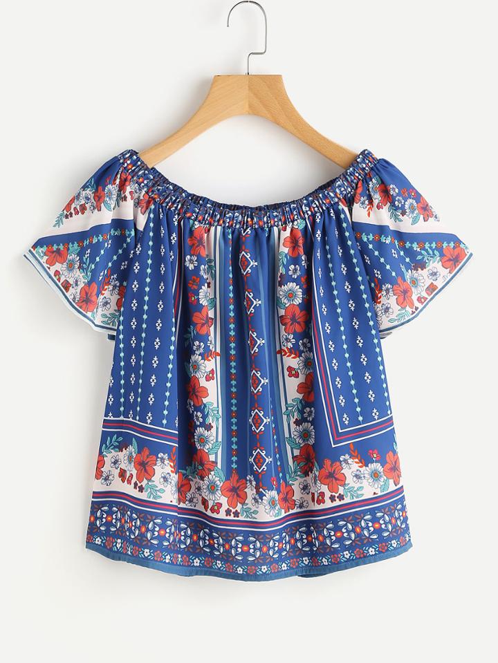 Shein Ornate Print Boat Neckline Top