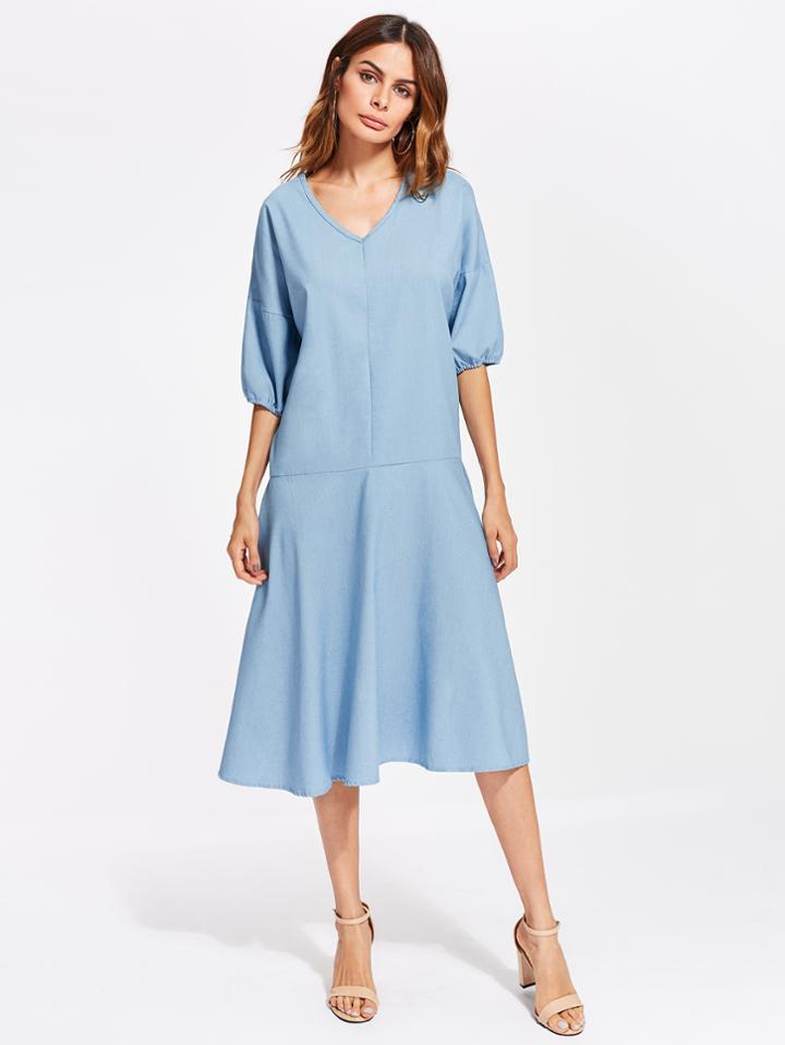 Shein V Neckline Drop Shoulder Chambray Dress