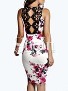 Shein White Deep V Neck Floral Print With Lace Dress
