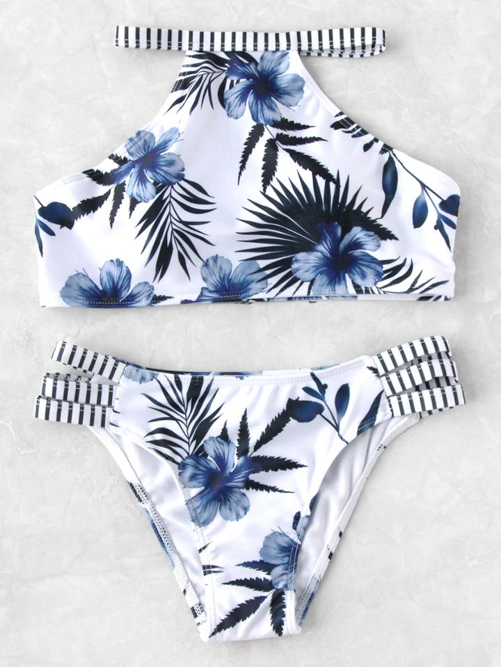 Shein Flower Print Striped Trim Ladder Cutout Bikini Set