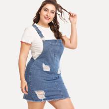 Shein Plus Raw Hem Distressed Denim Overall Dress