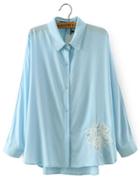 Shein Blue Lapel Embroidered Loose Blouse