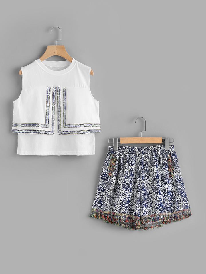 Shein Taped Embroidered Layered Split Top With Tassel Shorts