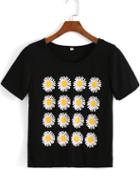 Shein Black Short Sleeve Daisy Print T-shirt