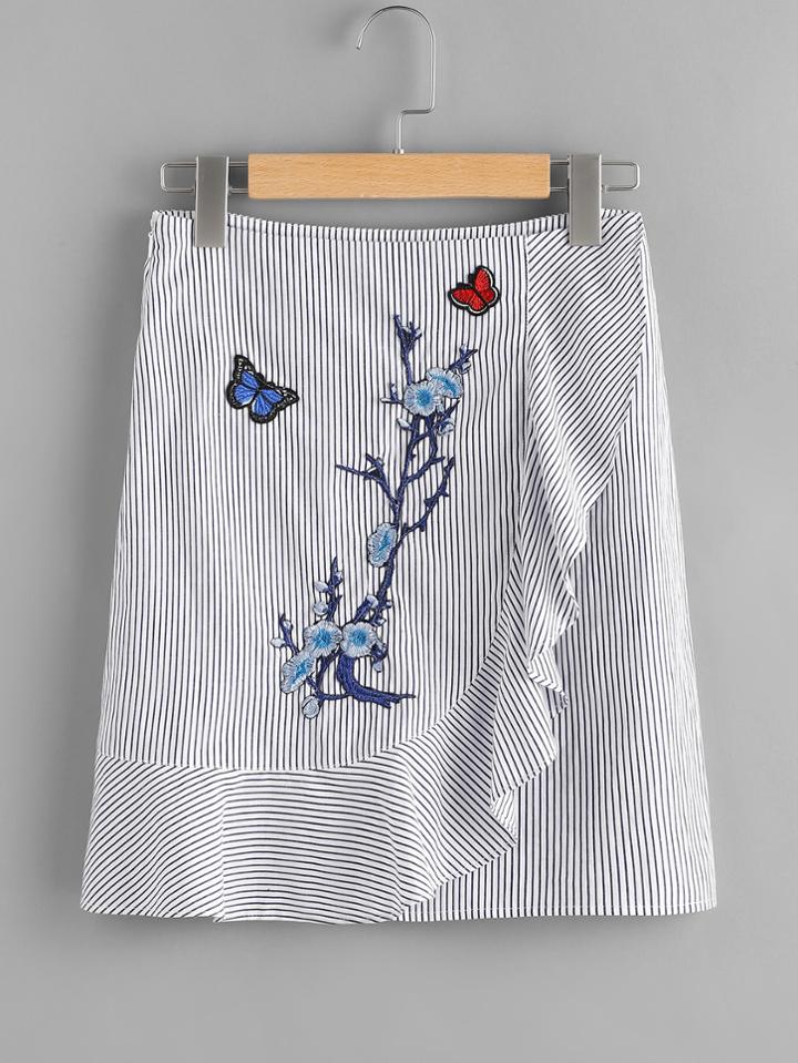 Shein Embroidered Patch Frill Detail Pinstripe Skirt