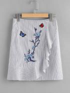 Shein Embroidered Patch Frill Detail Pinstripe Skirt