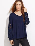 Shein Navy Embroidered Hollow Out Sleeve Blouse