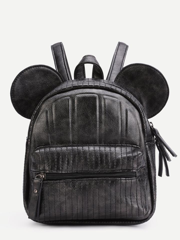 Shein Black Faux Leather Front Zipper Backpack With Ear