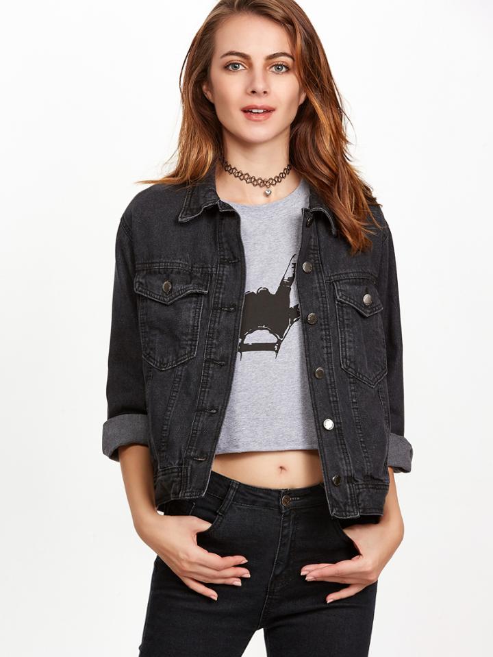Shein Black Single Breasted Pockets Denim Jacket