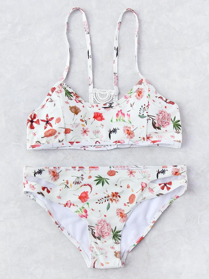 Shein Calico Print Crochet Back Cutout Bikini Set