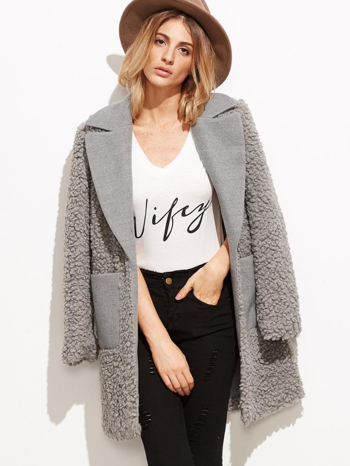 Shein Grey Mixed Media Fluffy Coat With Pocket