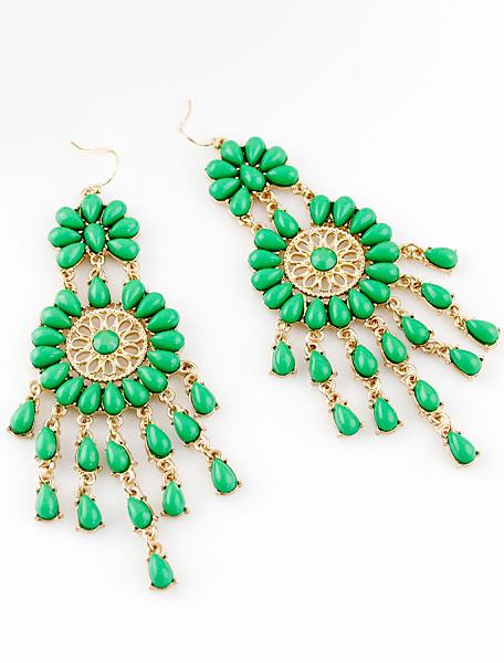 Shein Green Drop Gemstone Tassel Dangle Earrings