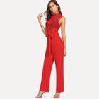 Shein Mock Neck Sheer Lace Bodice Belted Jumpsuit Without Bra