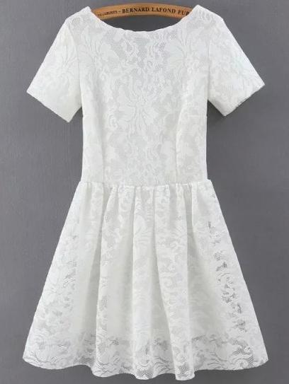 Shein White Short Sleeve Embroidered Lace Dress