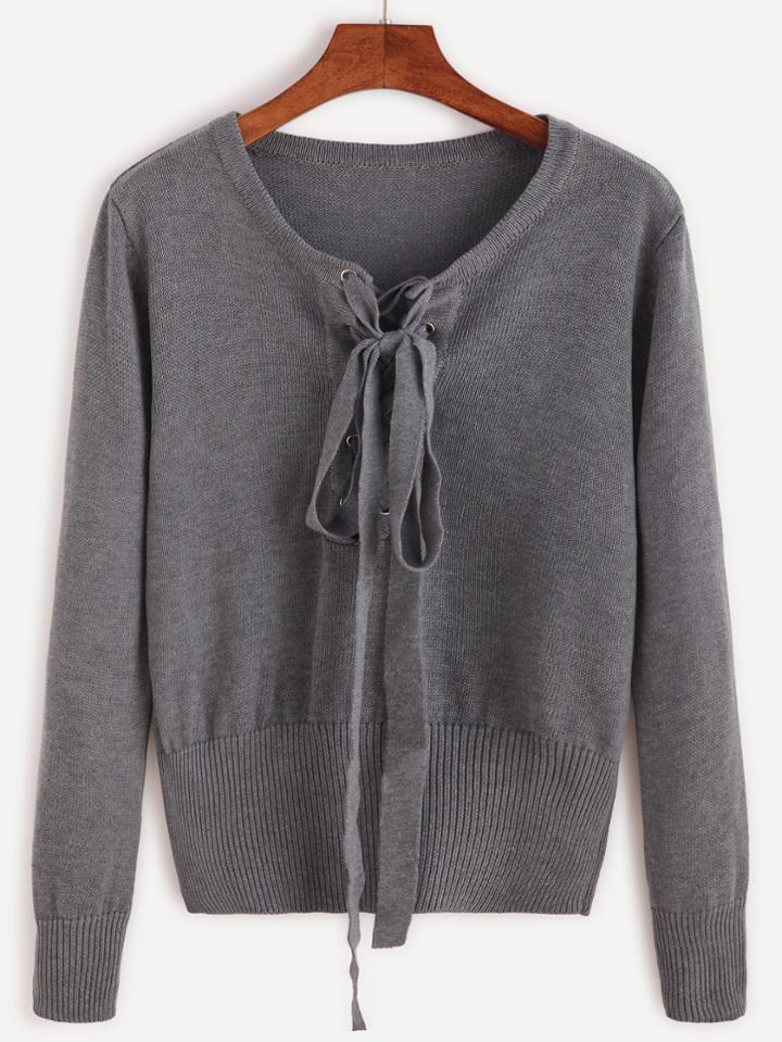 Shein Dark Grey Lace Up Jersey Sweater
