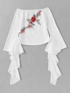 Shein Flower Embroidered Applique Drama Sleeve Bardot Top