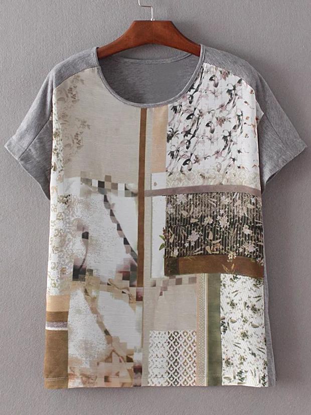 Shein Grey Short Sleeve Split Side Print T-shirt