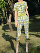 Shein Yellow Tribal Print Top With Pockets Pants