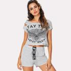Shein Ripped Letter Print Tee & Lace Up Shorts
