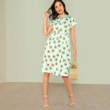 Shein Avocado Print Half Placket Smock Dress