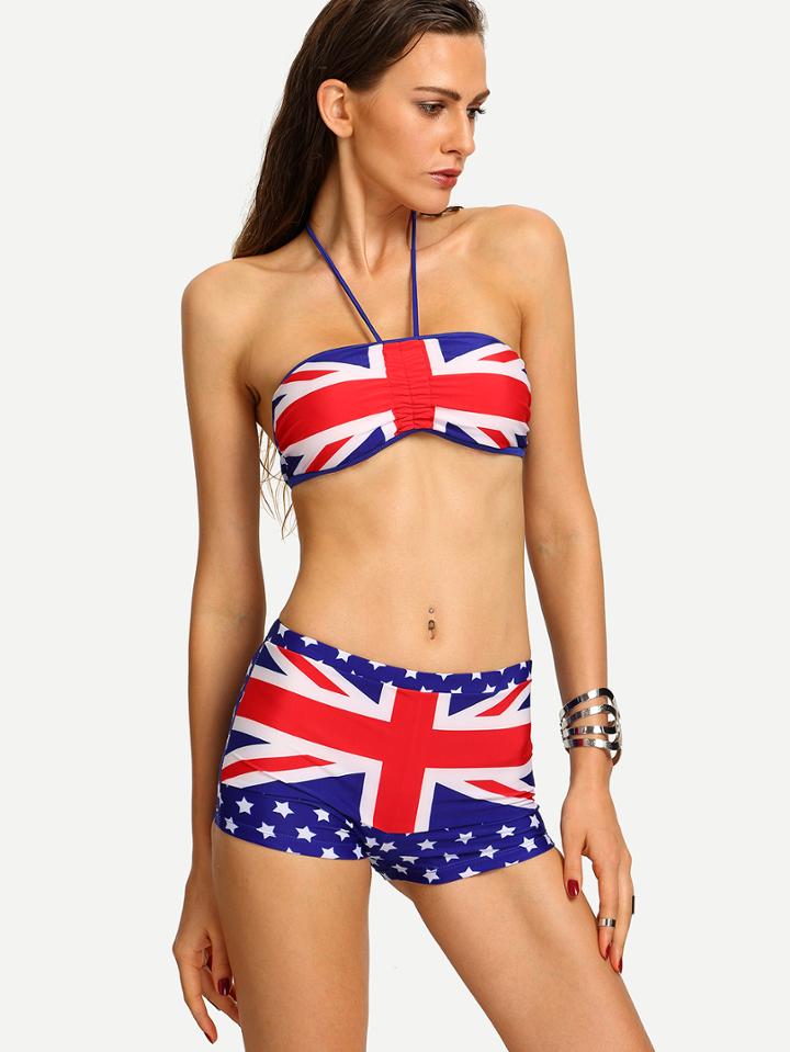 Shein Multicolor Union Jack Print 3pcs Bikini Set