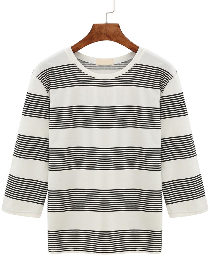 Shein Grey White Crew Neck Striped T-shirt